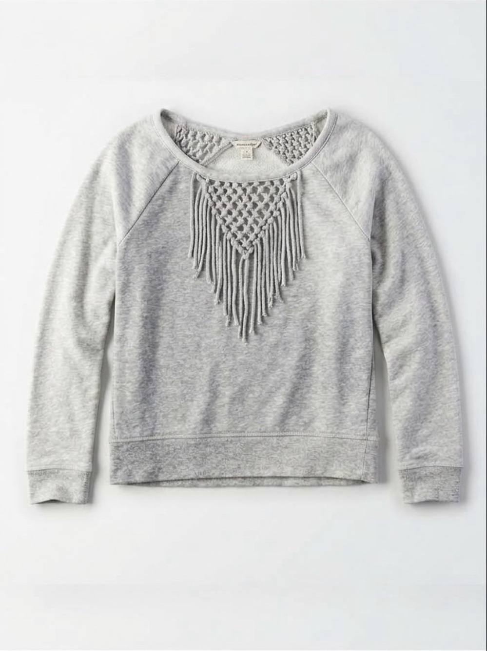 American Eagle Macrame Fringe Sweatshirt S Light Heather Grey Boho Y2K
